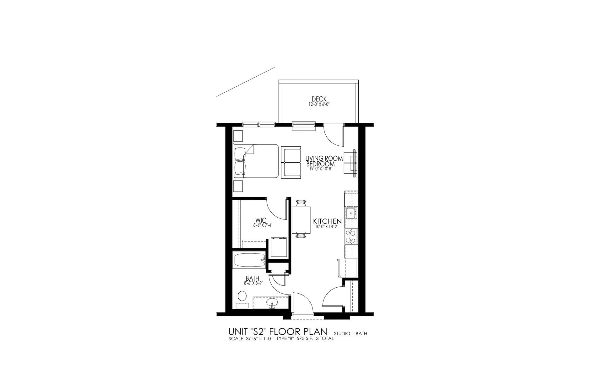 Black-and-white apartment floor plan with two bedrooms, living area, kitchen, bath, and balcony.