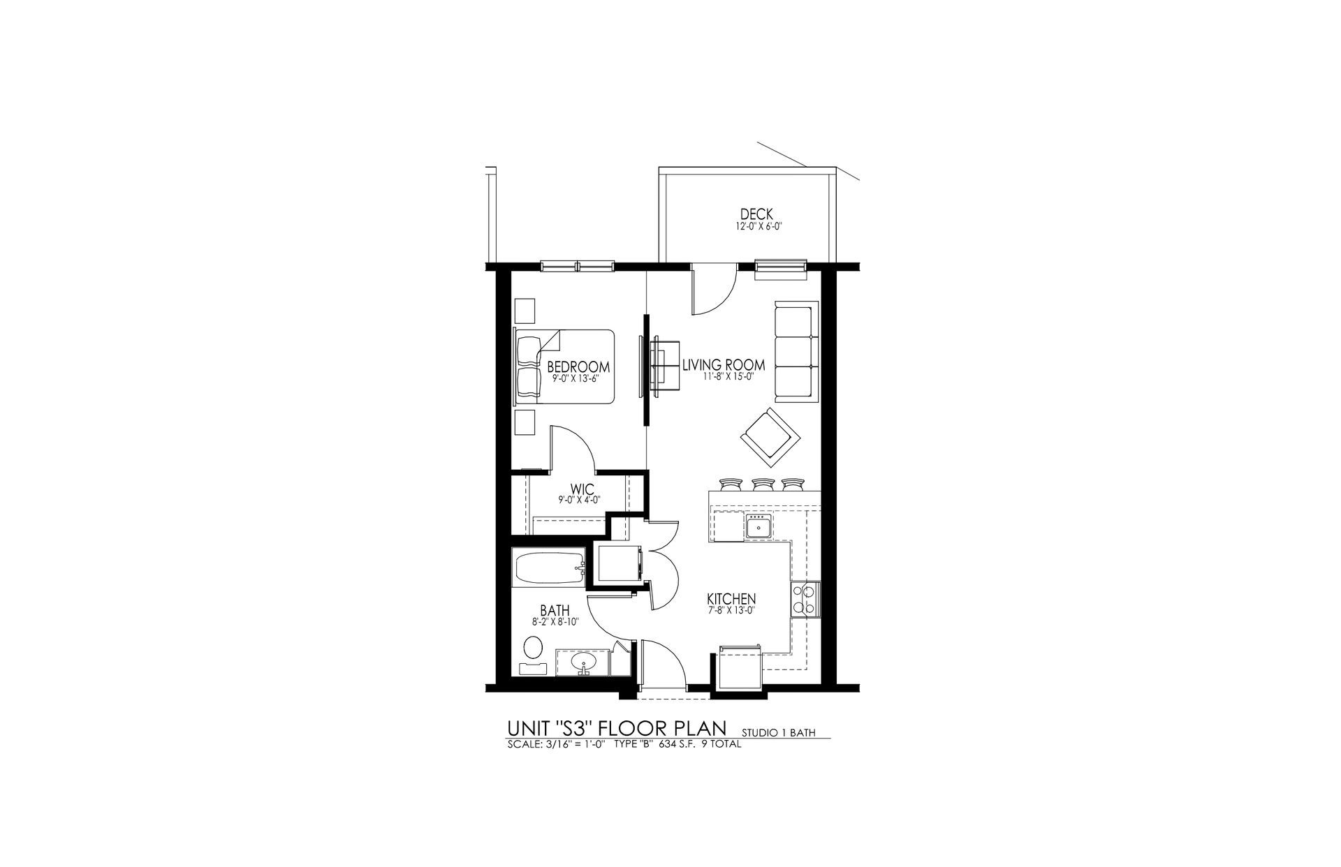Black-and-white floor plan of a small apartment with labeled rooms and measurements.