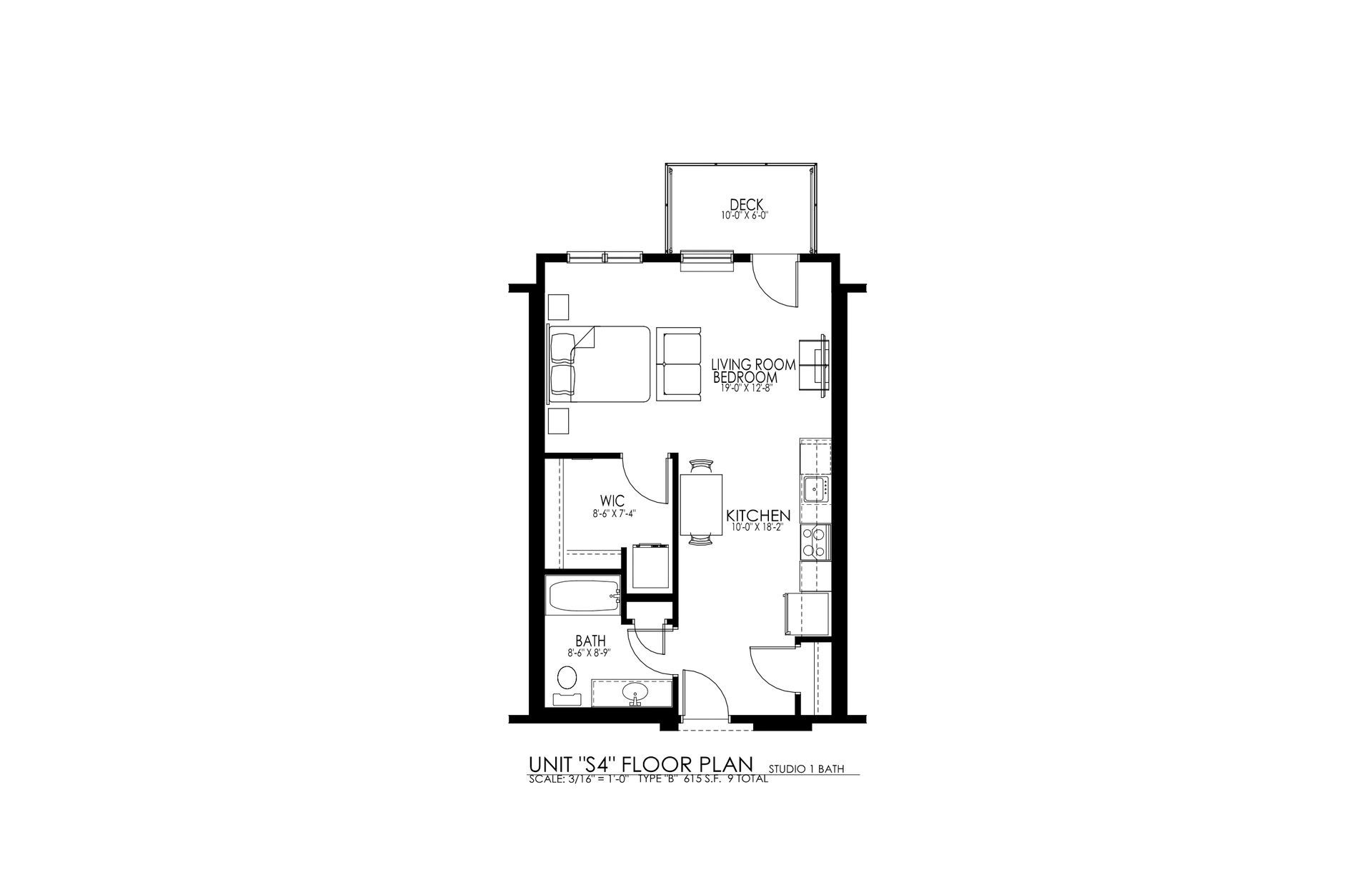 Black-and-white architectural floor plan of a small house with labeled rooms and a central staircase.