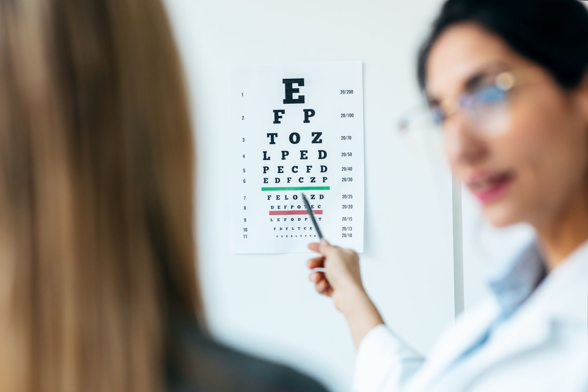 Eye chart exam with a doctor pointing at letters in a bright practice