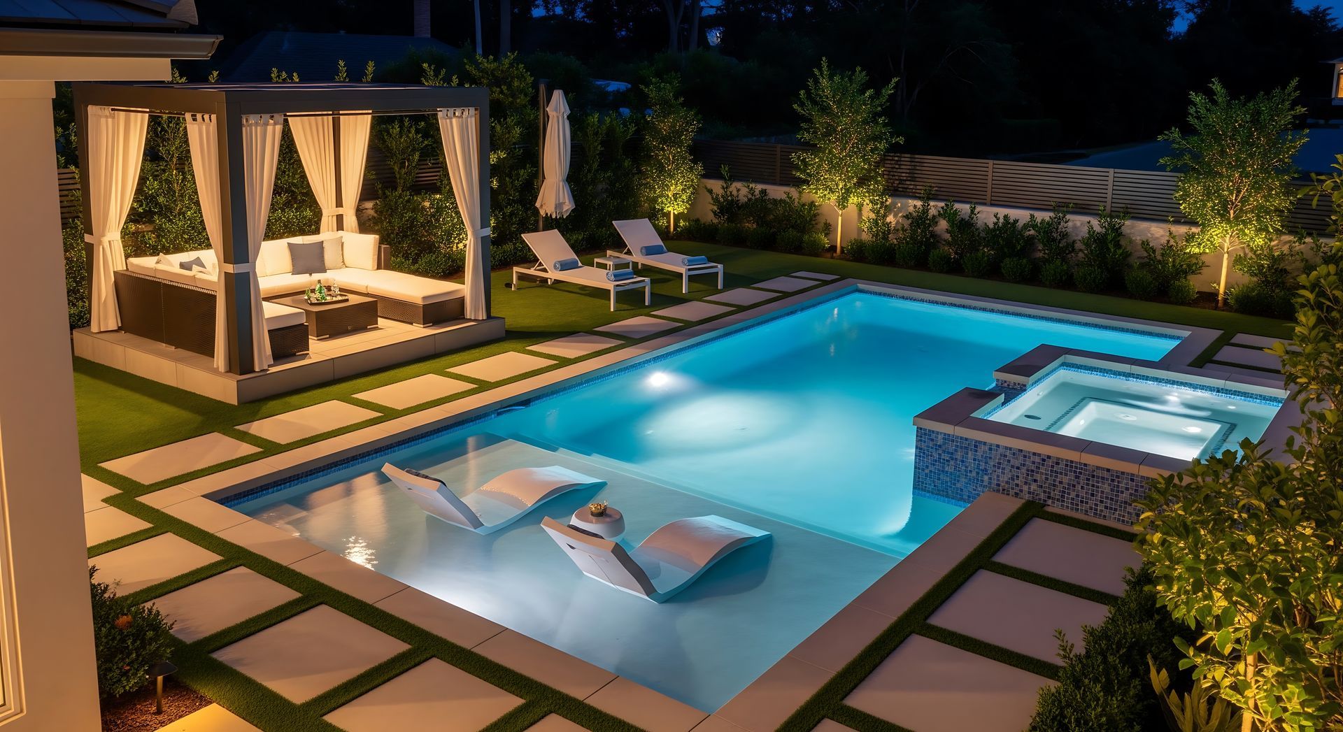 Swimming pool with a stone wall, trees, and mountain in the background. Two lounge chairs with umbrella.