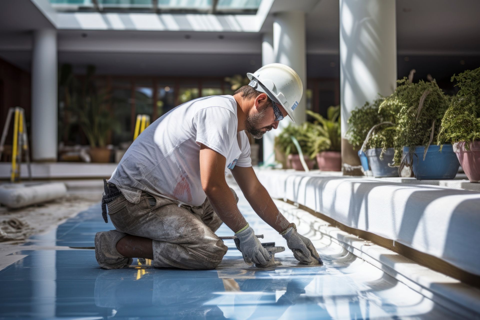 construction worker using spatula spreading grout in the swimming pool. Pool repair contractor servicing pool plumbing and pump equipment with professional tools on a residential pool deck