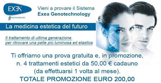 Promo medica estetica Exea: 4 trattamenti gratuiti, totale promozione 200 euro, con volti femminili blu.