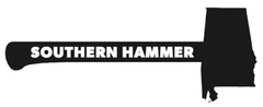 A black and white silhouette of a hammer with the words `` southern hammer '' written on it.
