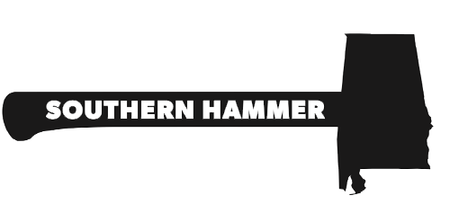 A black and white silhouette of a hammer with the words `` southern hammer '' written on it.