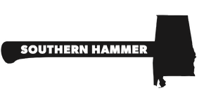 A black and white silhouette of a hammer with the words `` southern hammer '' written on it.