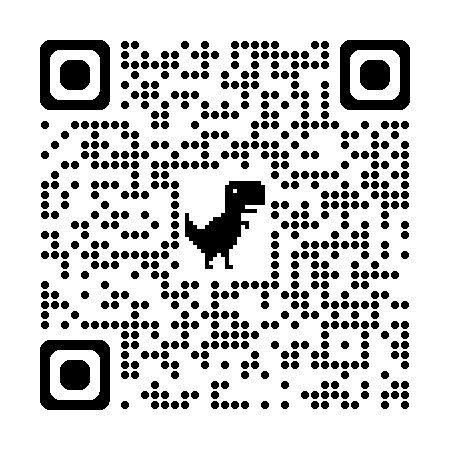 QR code with a pixelated dinosaur in the center.