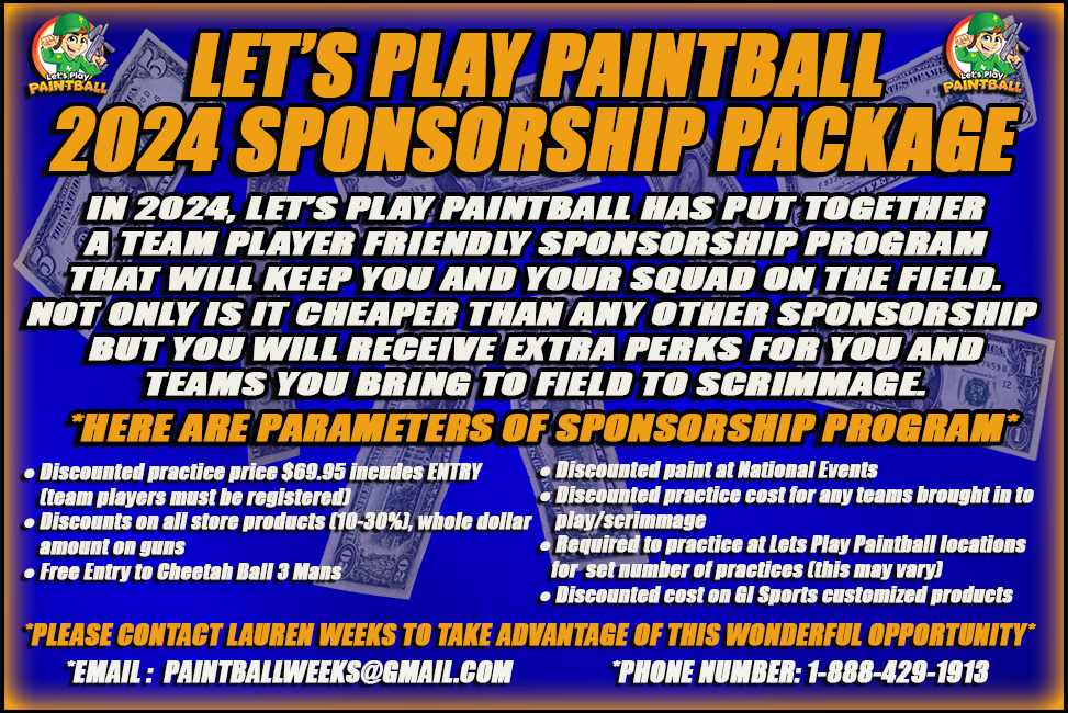 An advertisement for a paintball sponsorship package in 2024