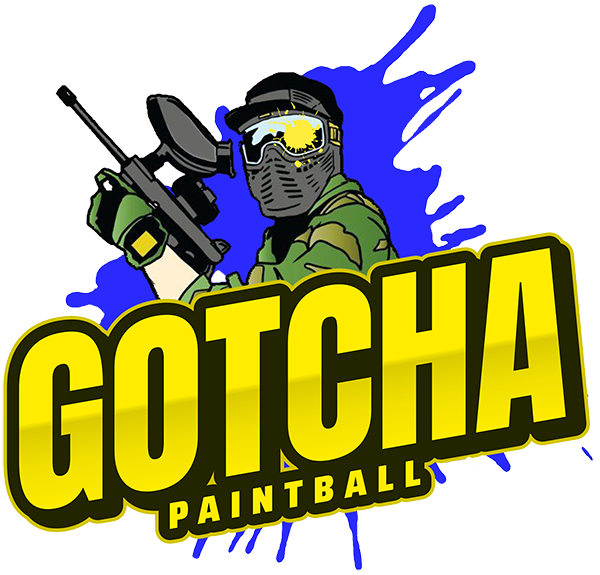 Paintball player with a marker, the word