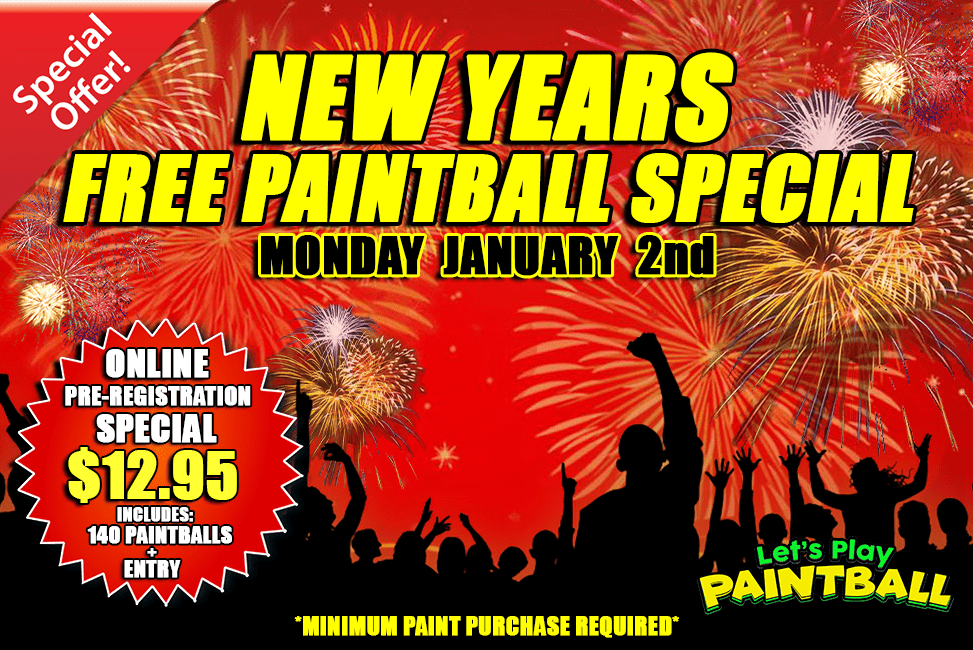 An advertisement for a new year 's free paintball special