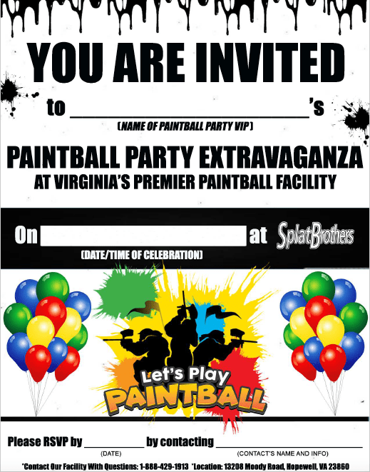 A paintball party invitation for virginia 's premier paintball facility