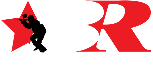 Red star with paintball player silhouette; adjacent red letter