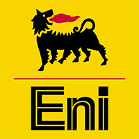 The eni logo is a black lion with a red mane and tail on a yellow background.
