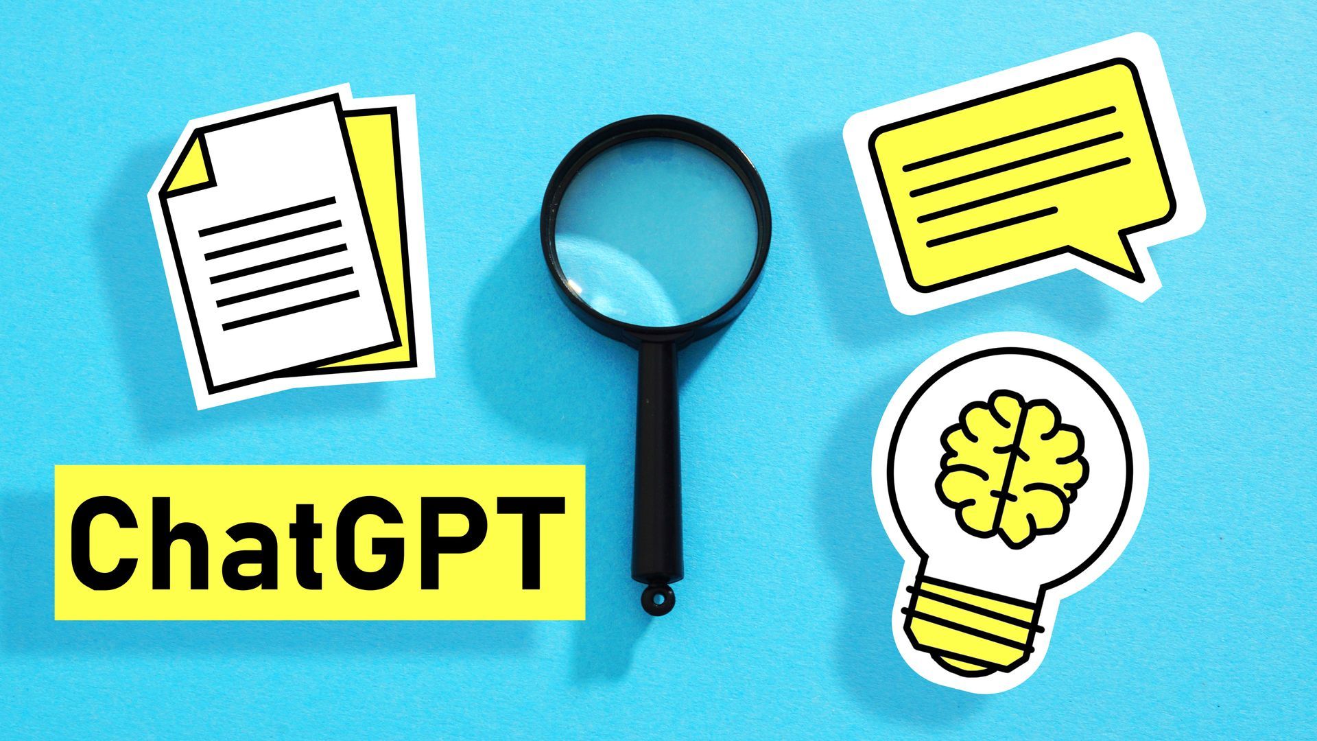 A magnifying glass is surrounded by speech bubbles and a light bulb.