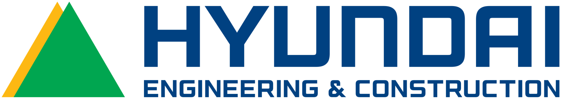 A logo for hyundai engineering and construction with a green triangle
