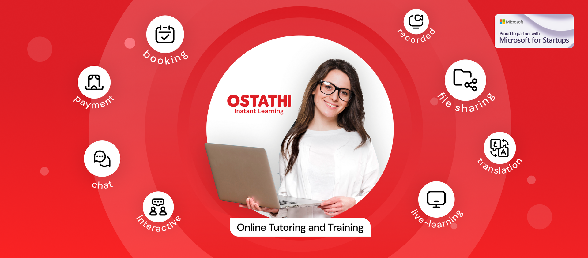 Ostathi platform features: booking, chat, payment, live learning, translation, backed by Microsoft