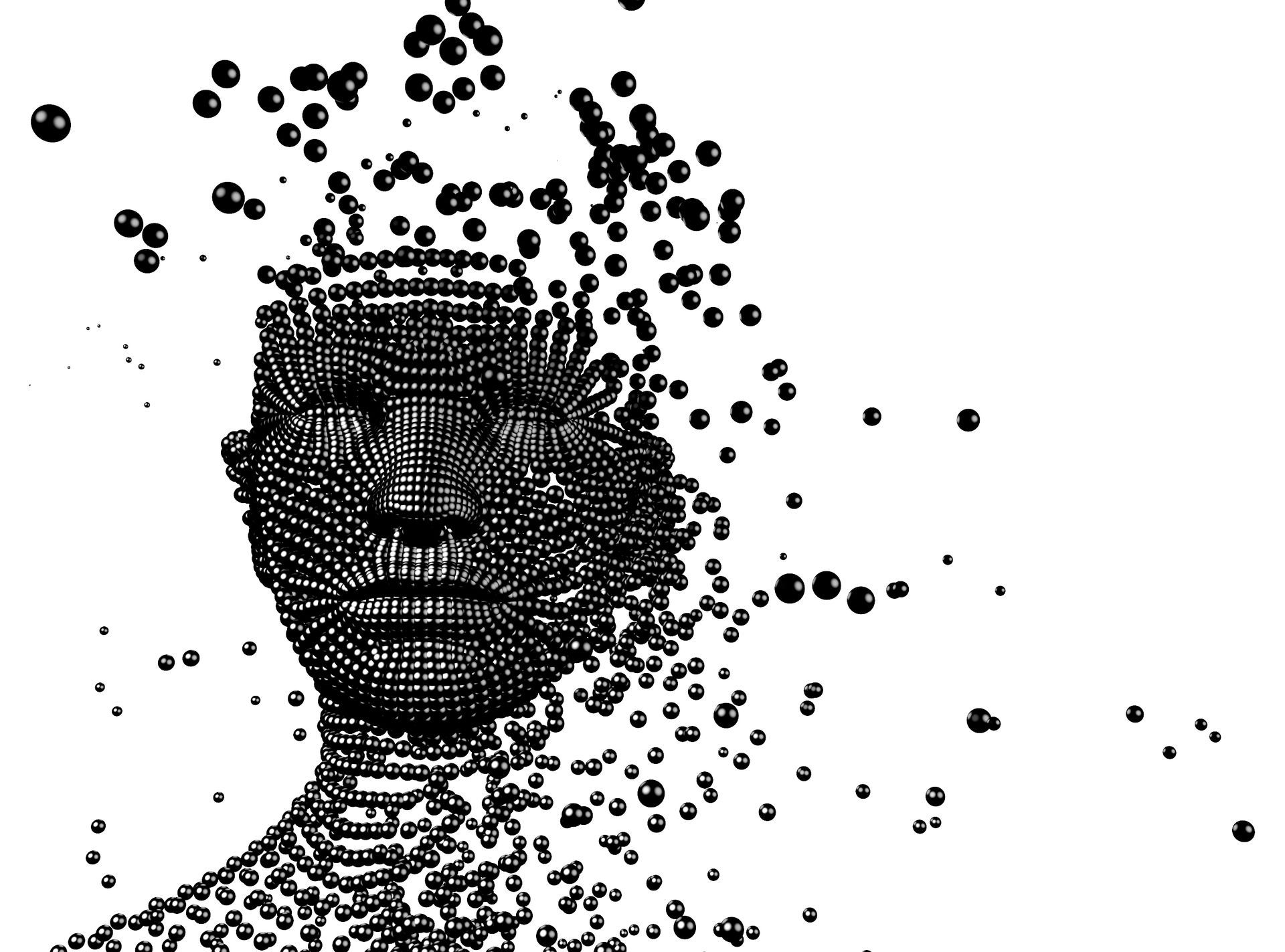 A black and white drawing of a man 's face made up of dots.