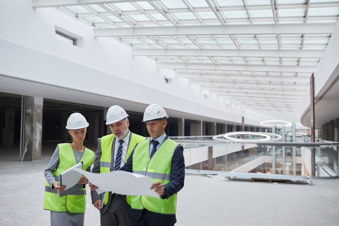 A group of construction workers are looking at a blueprint in a building under construction.