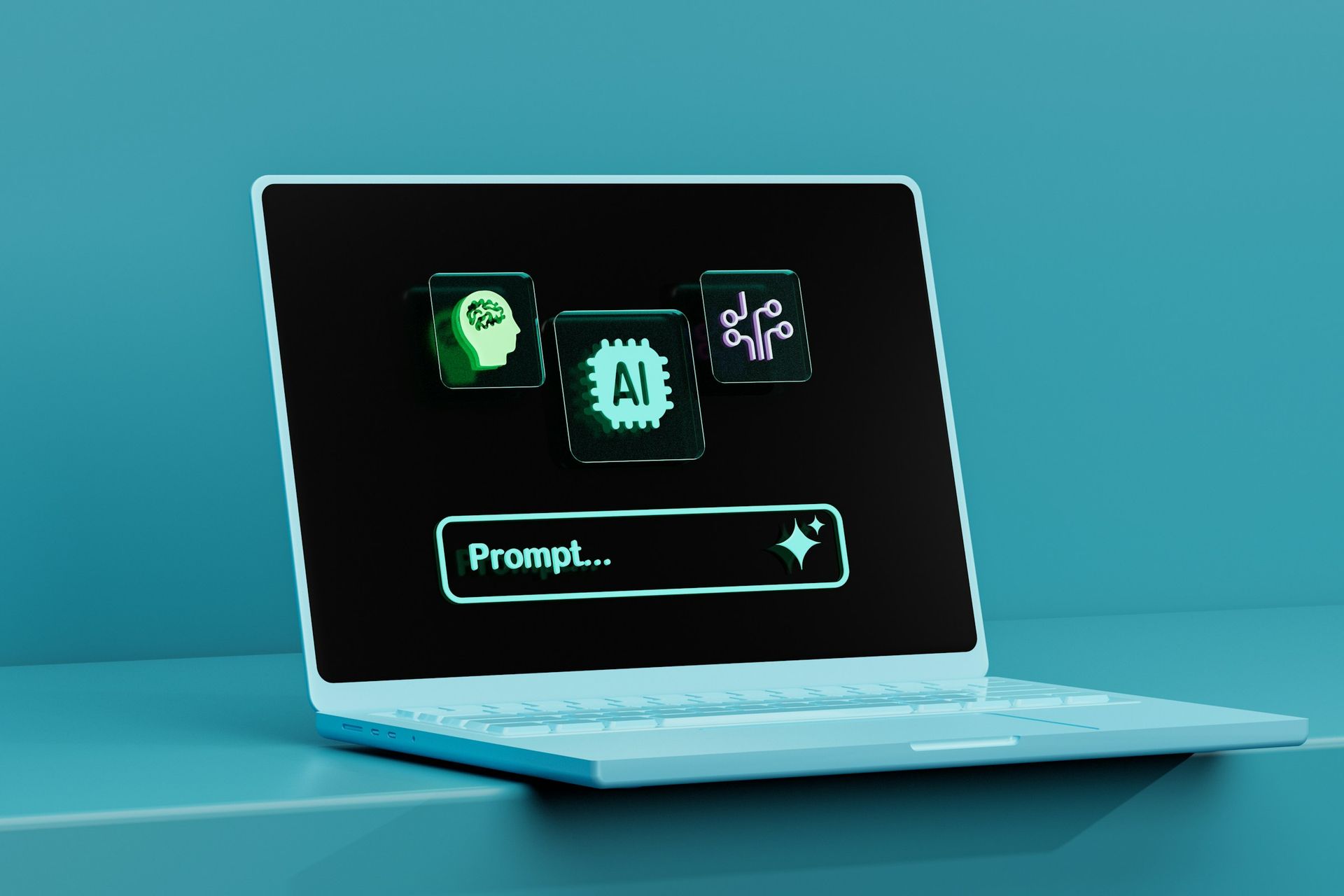 A laptop computer is sitting on a blue table.