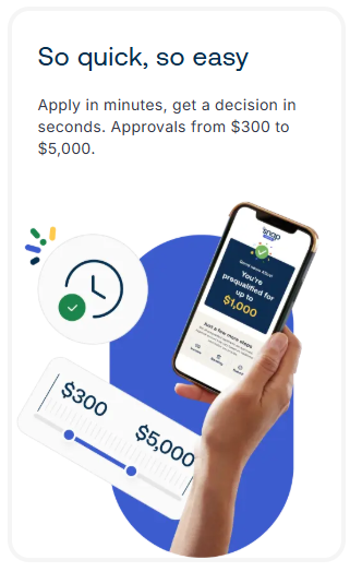 App promoting quick $300-$5,000 loans with a phone app, clock icon, and hand holding a smartphone.