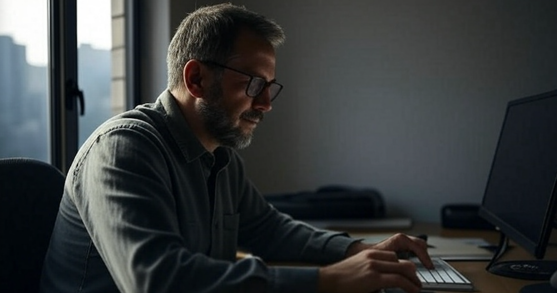 A man is sitting at a desk in front of a computer.