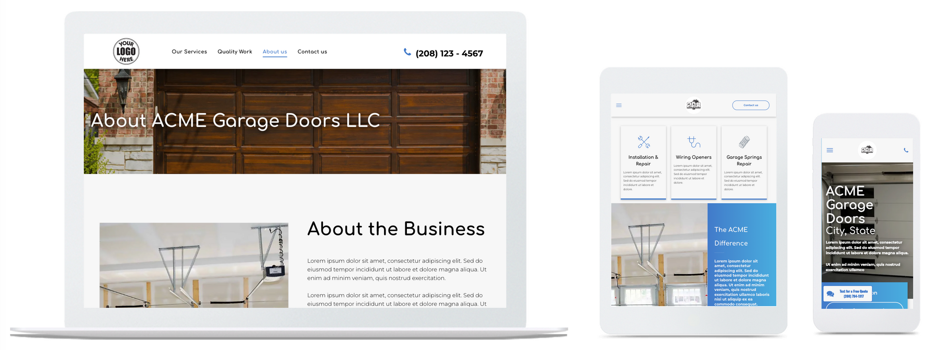 A laptop , tablet , and cell phone displaying a Garage Door Repair website.