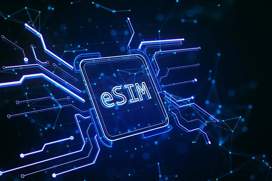 Glowing blue eSIM chip on a digital circuit board against a dark tech background