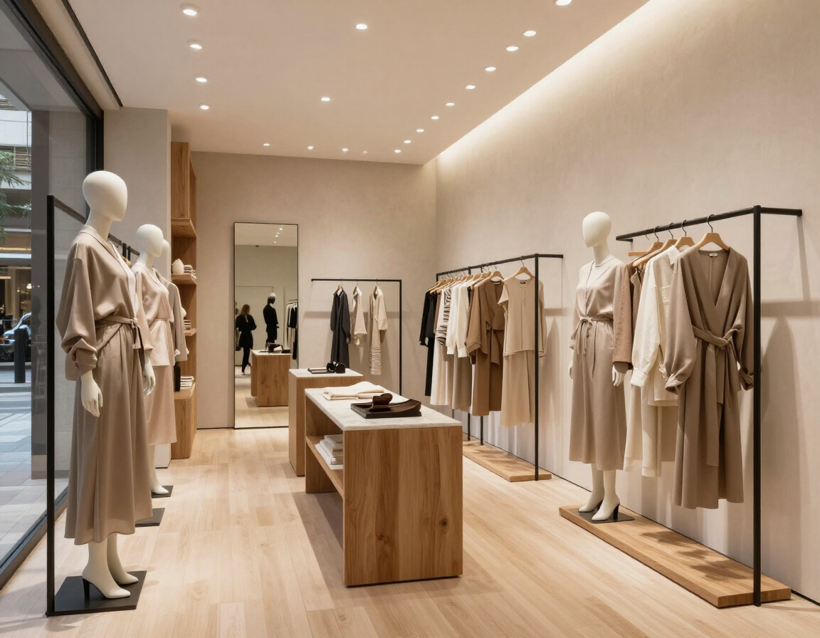 Interior elegante de Boutique Los Angeles con prendas de moda en exhibición
