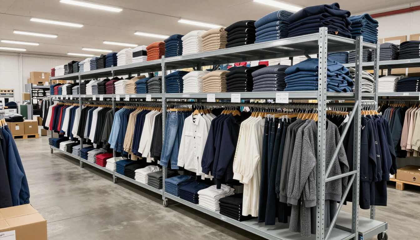 Pasillo de una tienda de ropa con pantalones vaqueros doblados en los estantes y chaquetas y camisas colgadas en percheros.