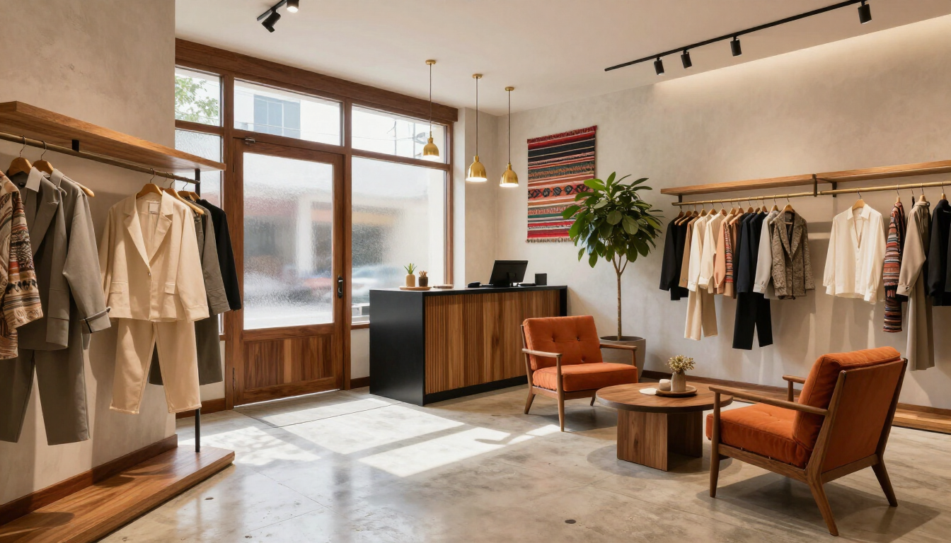 Tienda de ropa tipo boutique con prendas en tonos neutros, percheros de madera y sillones naranjas cerca de un escaparate.