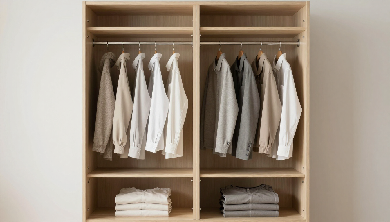 Armario abierto con camisas blancas y grises colgadas ordenadamente y ropa doblada en los estantes.