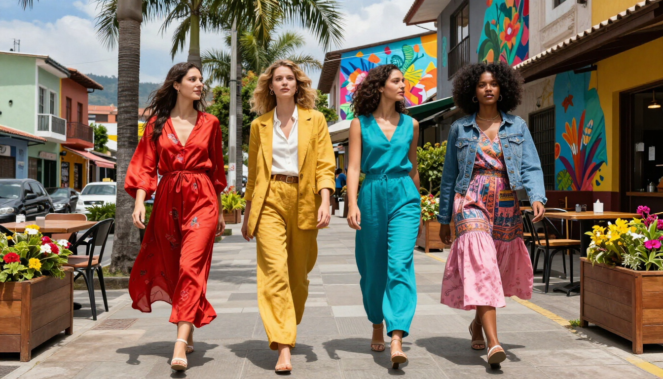 Cuatro mujeres con atuendos coloridos caminan por una calle bordeada de palmeras, junto a coloridos murales y tiendas.