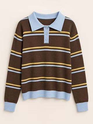 Jersey tipo polo de manga larga a rayas marrones con cuello, tapeta y pu&ntilde;os azul claro.