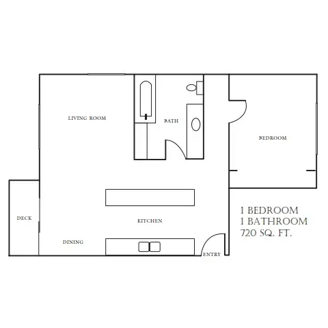 Black-and-white one-bedroom apartment floor plan with living room, kitchen, bath, bedroom, and deck.
