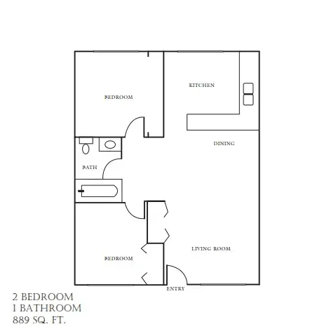 Apartment floor plan with 2 bedrooms, 1 bathroom, kitchen, living room, and entry; 889 sq. ft.