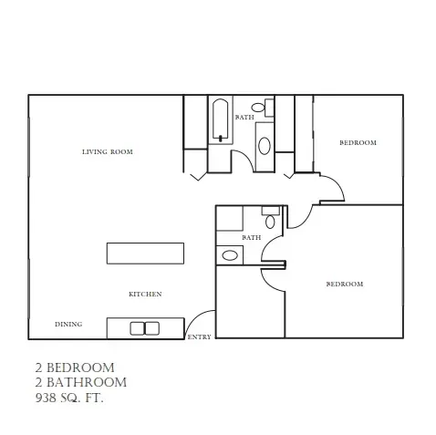 Black-and-white 2-bedroom, 2-bathroom apartment floor plan with living room, kitchen, and 938 sq. ft. label