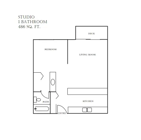 Studio apartment floor plan with bathroom, kitchen, living room, and entry area.