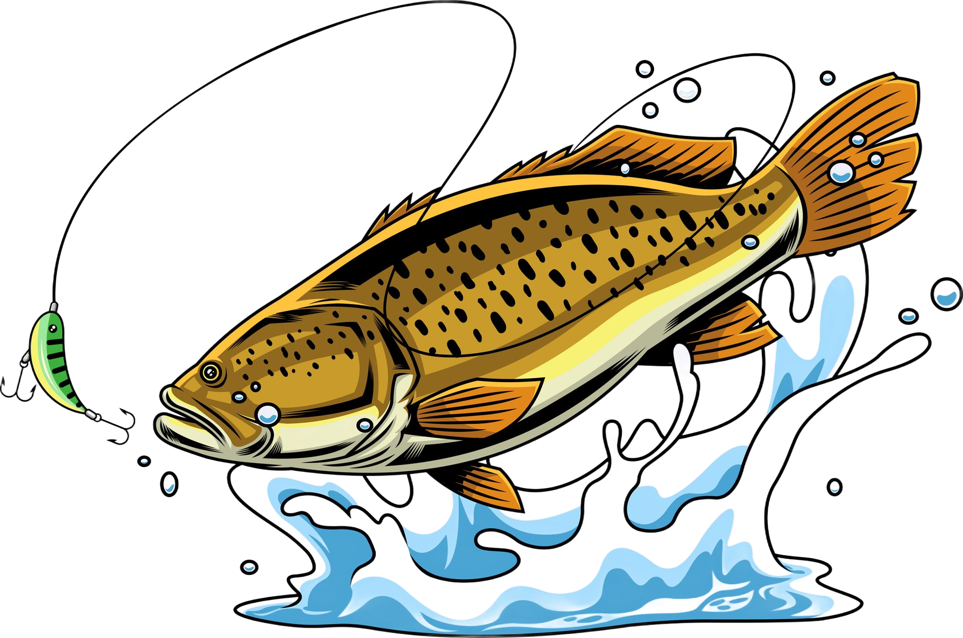 Fish jumping out of water, hooked by a lure. Fish jumping out of water, hooked by a lure.