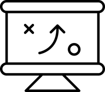 Whiteboard with a strategy diagram showing an 'X', a circle, and an upward curving arrow.