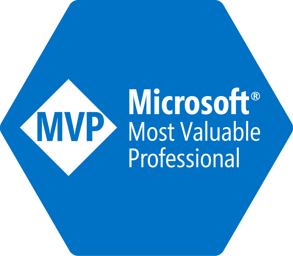 Microsoft MVP badge in a blue hexagon: a white diamond with 
