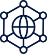 Blue globe encircled by a network of connected nodes within a hexagon.