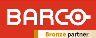 BARCO logo on a red background with a bronze partner label