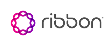 Ribbon logo in gray with a magenta circular icon on a white background