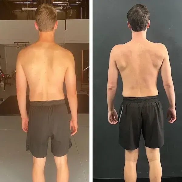 Side-by-side back-view photos of a shirtless person in black shorts, indoors against different backgrounds