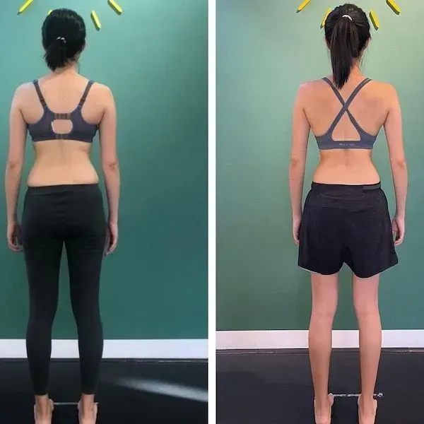 Back view of a person in athletic wear, shown side-by-side against a green wall for posture comparison