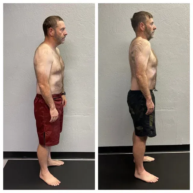 Side-by-side profile photos of a shirtless man standing against a gray wall, wearing red shorts and black shorts.