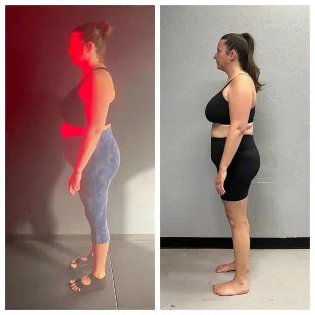 Side-by-side profile photos of a person in workout clothes, before and after body transformation.