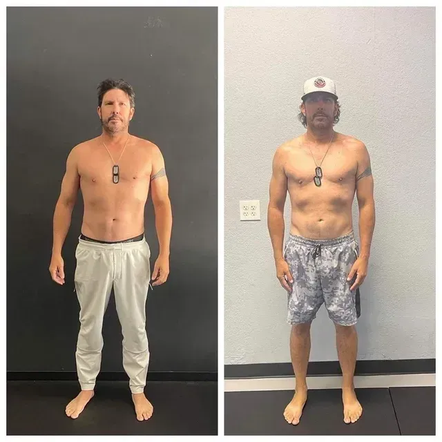 Side-by-side fitness progress photos of a shirtless person standing against dark & light walls, wearing shorts & a cap.