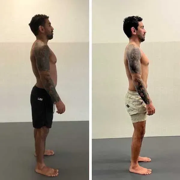 Side-by-side profile photos of a man standing against a plain wall, before and after a body transformation.