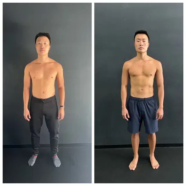Two full-body photos of a shirtless man standing against a gray wall, one in black pants and one in blue shorts.